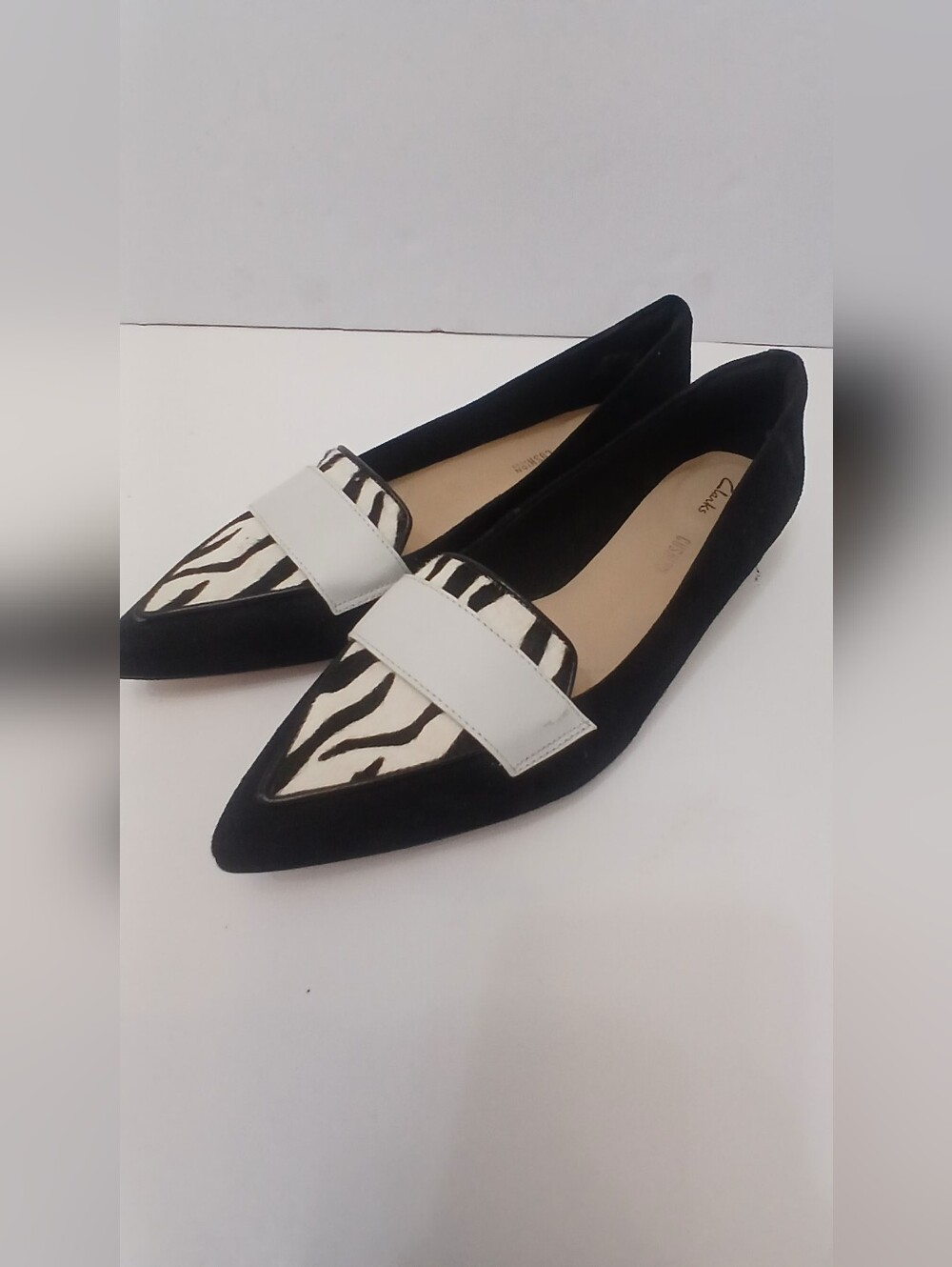 Clarks Black and White Zebra-Accent Pointed Flats Size 40 US 9 5